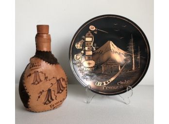 Chilean Leather Wrapped Decanter, Dish And Trinket Box