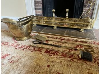 Collection Of Antique Brass Fireplace Utensils And Coal Scuttle