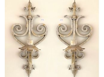 Pair Of Iron Candle Sconces In Distressed Whitewashed Finish