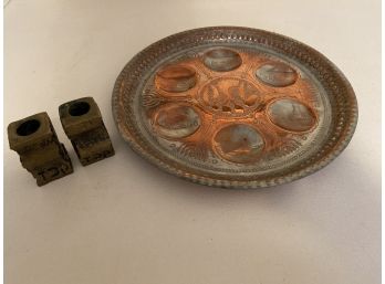 Traditional Silverplated Copper Passover Seder Plate And Candlesticks