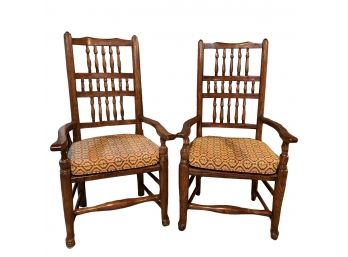 Pair Of Antique Spindle Back Armchairs With Rush Seats & Custom Schumacher & Co. Cushions