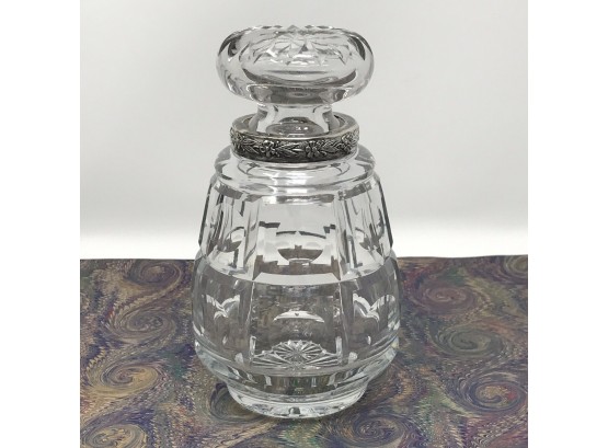 Antique CUT CRYSTAL Jar BOTTLE W/ Stopper Silver Floral Rim Hallmarked 915 Spain