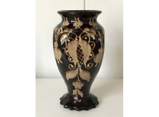 Vintage Signed Hungarian HMV Folk Pottery Handpainted Brown 7.5” Slipware Vase