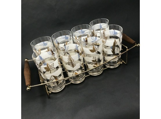 Set/8 Vintage Barware Cocktail Tumblers Glasses In Teak Handled Carrier MCM