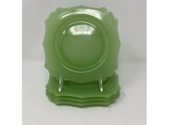 Set/4 FENTON ”Elizabeth” Green Jadeite 6' Square Salad Plates W/ Scalloped Edge