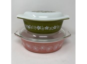 Vintage PYREX Oval Casseroles With Lids Pink Daisy & Verde Green Spring Blossom