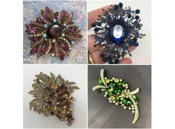 Lot/4 Spectacular Vintage  Rhinestone Costume Jewelry Brooches Pins