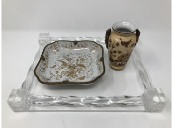 Vintage Vanity, Dressing Table Group, 1940s Lucite Tray, Antique Chinese Dish, Porcelain Vase
