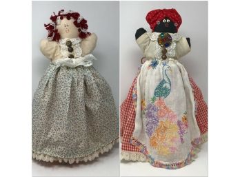 Vintage Topsy Turvy Rag Doll Black & White Hand Made Folk Art Crochet Embroidery