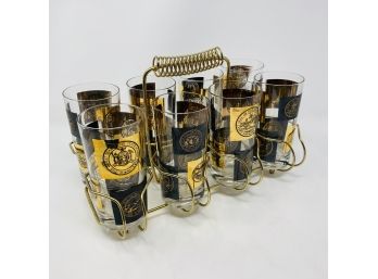 Set Of 8 Vintage Black & Gold  STATE CREST Highball 5 5/8' Cocktail Glasses In Brass Carrier