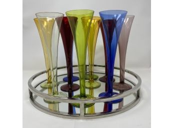 Set 10 Brightly Colored 9' Champagne Flutes With 15' Chrome & Mirror Tray