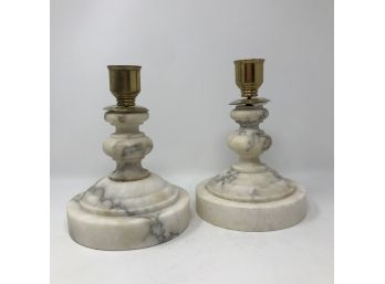 Heavy Pair Of Vintage Alabaster & Brass Candlesticks 8' Tall 6' Across Base