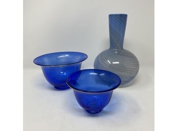 Lot/3 Blue Art Glass Pieces, Signed 1992 CRAWFORD CO. 6 1/2” + DANSK