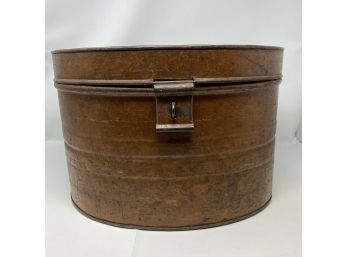 Antique Victorian Oval Metal Hatbox For Steamer Travel Great Patina 16”x11”x12”