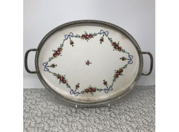 Antique GERMANY Ceramic & Reticulated Silver Plated 'Oval Tray Flower Garland1