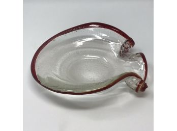 Vintage Mid Century Hand Blown MURANO Silver Fleck Argenta Bowl Dish Scrolled Red Edge