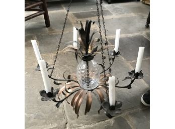 Vintage Tole & Glass Gilded Pineapple Chandelier For Candles Shabby Chic
