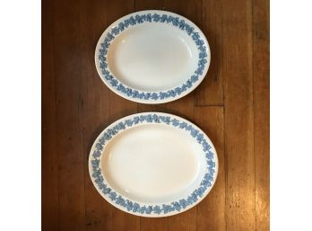 Set/2 Wedgwood Queens Ware Blue On Cream Smooth Edge Oval Platters 14.4' & 12.5'