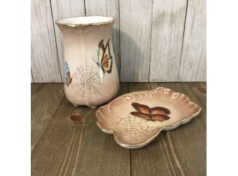 Set/2 Antique Signed Porcelain Vanity Dish & Vase Butterflies & Spider Web Art Nouveau