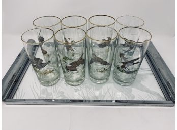 Set/8 Ned Smith Vintage Birds Water Fowl 6” Highball Cocktail Drink Glasses With Chrome & Glass Etched Tray