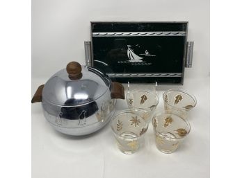 Art Deco Cocktail Hour!   Vintage Westbend Penguin Ice Bucket, Sail Boat Tray & Cocktail Glasses