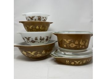 Lot/8 Vintage PYREX “Early American” Cinderella Mixing Bowls & Casseroles 1962-72 Brown Gold