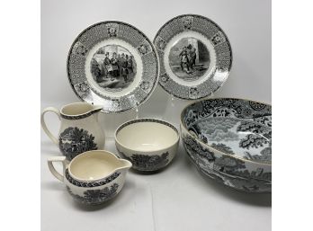 Lot/6 Antique & Vintage Black & White Transferware Including Antique French, Wedgwood & Spode.