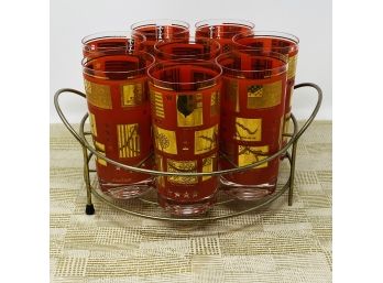 Set/8 Red & Metallic Gold US Flags JEAN DELL Highball Cocktail Glasses In Round Carrier.