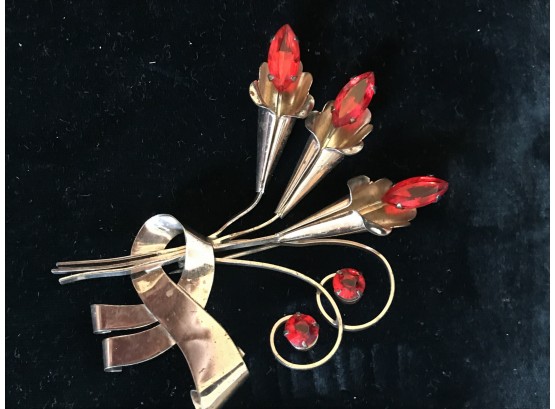 Very Large Retro Sterling Silver 925 Pin With Red Stones