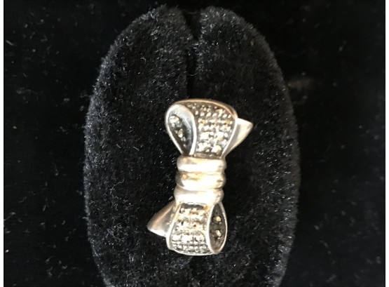 Heavy Sterling Silver And 14 KT Gold  Designer Marcasite Bow Ladies Ring Size 7