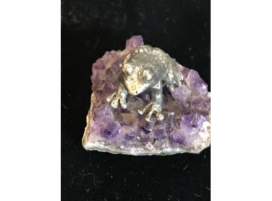 Amethyst Rock With Silver Frog Statue