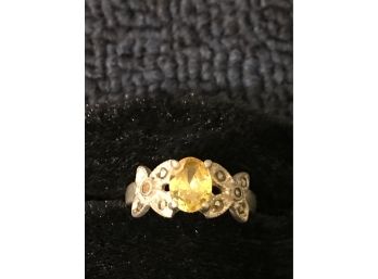 Beautiful Sterling Silver Marcasite And Yellow Stone Ladies Ring  Size 8 3/4