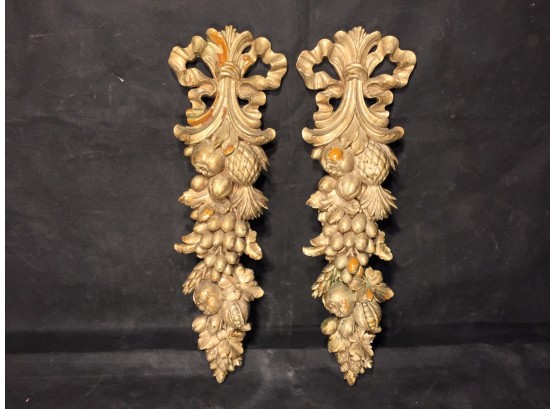 Two Decorative Carved Fruit Syroco Wood Wall Embellishments