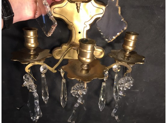Two Gilded And Crystal Spangled Three Candle Wall Sconces