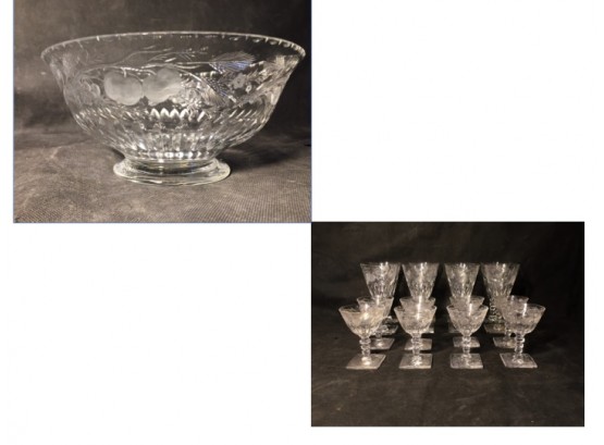 Antique Hawkes Fine Etched Stemware And Matching Crystal Bowl