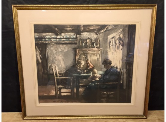 Watercolor Of Two Children And A Woman Signed Frans Charles