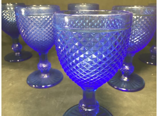 Eight Cobalt Blue Hobnail Goblets