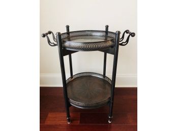 Two-Tier Metal End Table With Etched Detail And Removable Handled Top Tier.