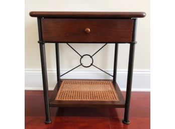 One-Drawer End Table With Rattan Shelf And Metal Legs By Grange.