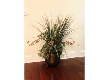 Bronze-Colored Metal Floor Vase With Leaf-Themed Feet And Silk Flowers