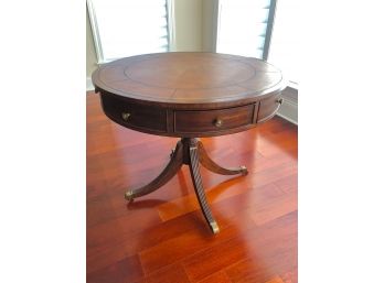 Ethan Allen Mahogany Leather Top Round Bradford Rent Drum Table