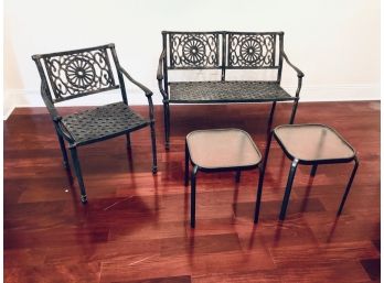 Four-Piece Metal Patio Set With Love Seat, Chair, And Pair Of Glass-Topped End Tables