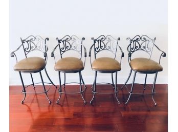 Set Of Four Ornate Metal Bar Stools With Padded Seats