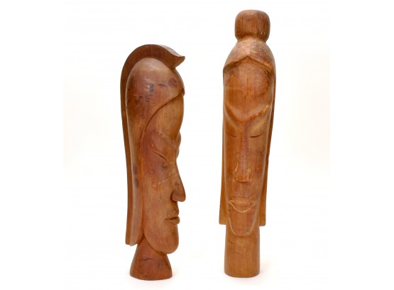 Pair Of Large Solid Wood Hand Carved Tribal Head Sculptures / Statues