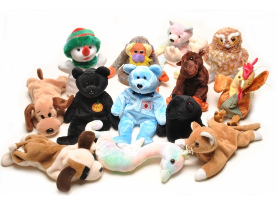 Lot Of 13 Original Ty Beanie Babies - Dogs Cat Rooster Moose Bears Snowman