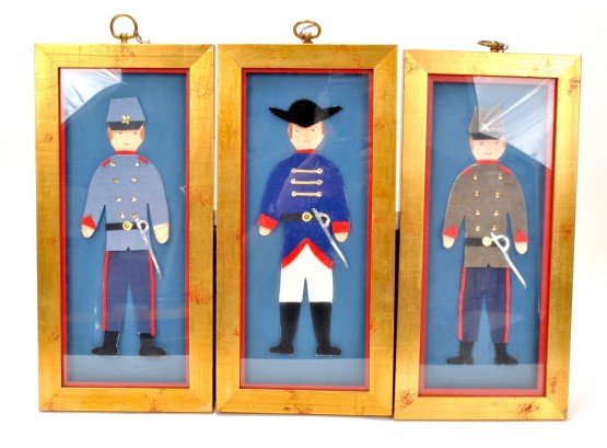 Lot Of 3 Vintage Framed Civil War Framed Felt Soldiers
