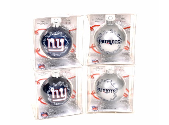 Lot Of 4 NY Giants & New England Patriots Football Glass Christmas Ornaments