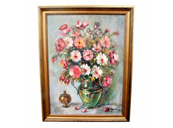 Framed Vintage Still Life Flowers In Vase Painting - Oil On Canvas Signed D'Arno 1963