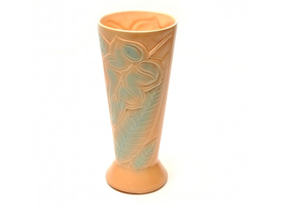 Vintage Hull Pottery Art Deco Vase W/aqua Tropical Leaves #292F