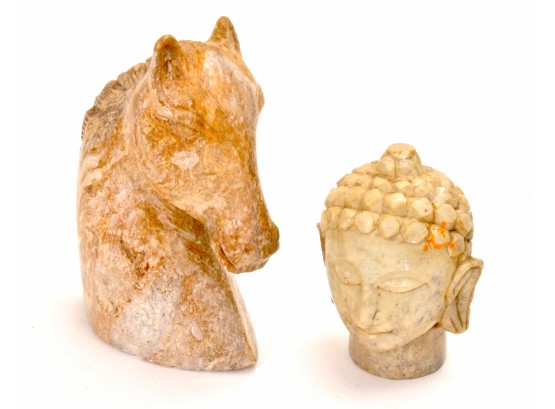 Hand Carved Stone Horse And Buddha Heads
